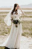 Lace Bohemian Boat Neck Bride Dress Short Sleeves Beach Destination Wedding Gowns