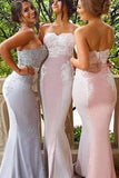 Lace Cheap Long Strapless Mermaid Appliques Backless Custom Bridesmaid Dresses RJS257