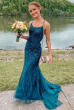 Lace Evening Dress Mermaid Spaghetti Straps Backless Prom Dress With Appliques