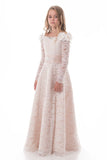 Lace Flower Girl Dresses A Line Boat Neck Long Sleeves With Beads Rjerdress