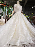 Lace Half Sleeve Round Neck Ball Gown Bridal Dresses Fashion Beads Wedding Gown RJS775 Rjerdress