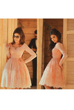 Lace Homecoming Dresses A Line V Neck Long Sleeves With Handmade Flowers Rjerdress