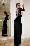 Lace Illusion Long Sleeves Prom Dress, Black Sheath Backless Evening Dress With Split Rjerdress