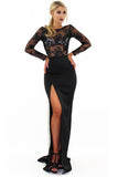 Lace Illusion Long Sleeves Prom Dress, Black Sheath Backless Evening Dress With Split Rjerdress
