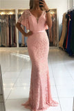 Lace Mermaid Long Open Back Pink Prom Dresses With Short Sleeves