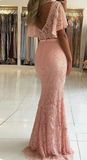 Lace Mermaid Long Open Back Pink Prom Dresses With Short Sleeves Rjerdress