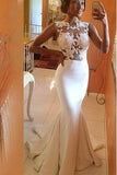 Lace Mermaid White Long Elegant Cap Sleeve Appliques High Neck Prom Dresses RJS960 Rjerdress