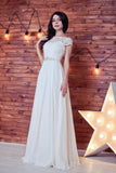 Lace Romantic White Chiffon A-Line Floor-Length Bateau Short Sleeve Wedding Dress RJS413