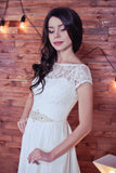 Lace Romantic White Chiffon A-Line Floor-Length Bateau Short Sleeve Wedding Dress RJS413 Rjerdress