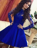 Lace Royal Blue Long Sleeves Homecoming Dress Short Prom Dresses Rjerdress