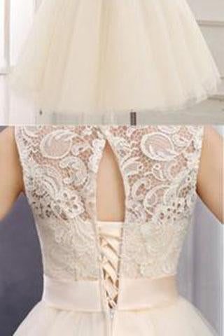 Lace Short Champagne Ball Gown Sleeveless Bowknot Open Back Scoop Homecoming Dresses RJS878 Rjerdress