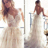 Lace Spaghetti Straps Backless Beach A Line Sexy Vintage Illusion Wedding Dresses Rjerdress