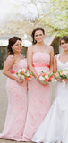 Lace Strapless Neck Bridesmaid Dresses Mermaid Sweep Train Rjerdress