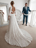 Lace Two Pieces Square Neck 3/4 Puffy Sleeve Beach Bohemian Wedding Dresses