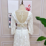 Lace Two Pieces Square Neck 3/4 Puffy Sleeve Beach Bohemian Wedding Dresses Rjerdress