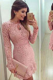 Lace dress pink Sexy lace Elegant short Open neck Prom Dresses Long sleeve Homecomingdresses RJS725