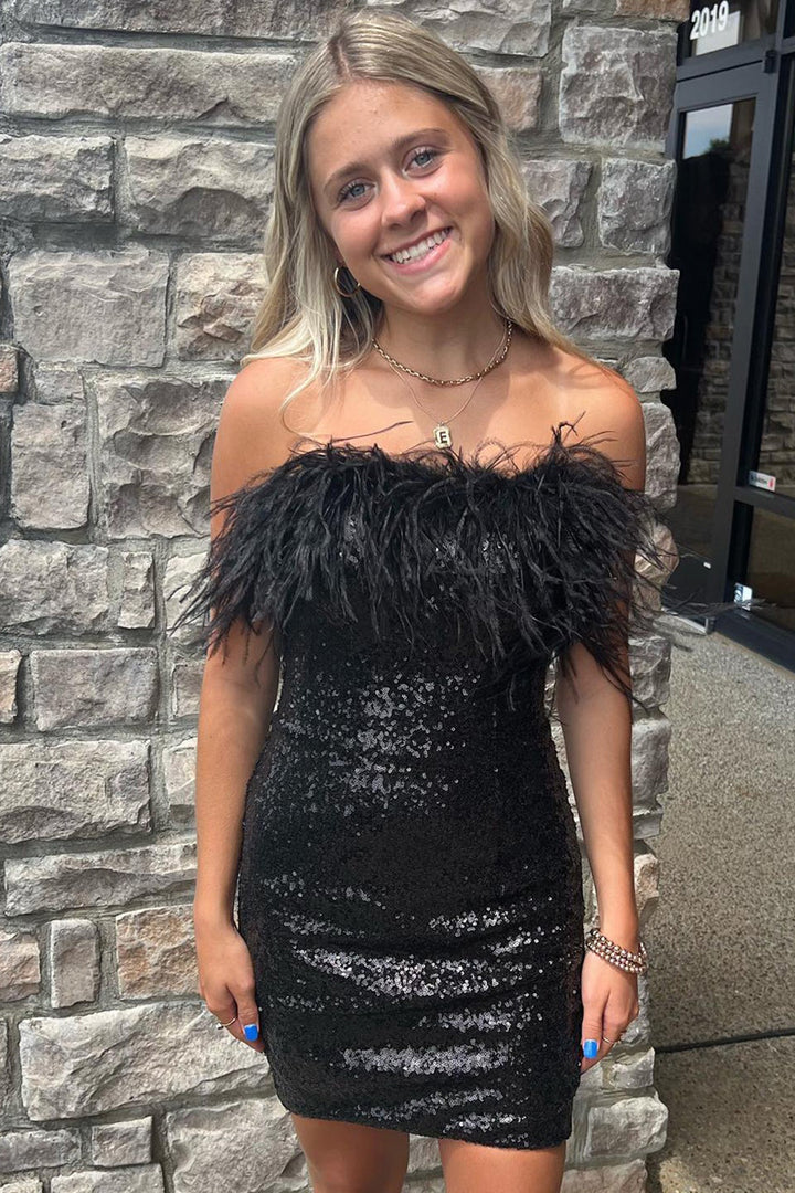 Lady Bodycon Sequin Feather Strapless Short/Mini Homecoming Dress Rjerdress