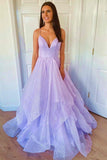 Lavender Floor Length V Neck Tulle Prom Dresses With Sequin  A Line