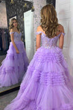 A Line Tulle Off-the-Shoulder Ruffle Tiered Long Prom Dress