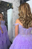A Line Tulle Off-the-Shoulder Ruffle Tiered Long Prom Dress