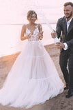 Layered Tulle Skirt Unlined Wedding Ball Gown With Deep V Neck Wedding Dresses Rjerdress