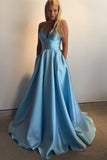 Light Blue A-line Spaghetti Straps Long Prom Dresses With Pocket