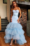Light Blue Mermaid Strapless Tulle Prom Dresses Bowknot Layers Evening Dresses RJS516