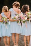 Light Blue One Shoulder Short Bridesmaid Dresses Chiffon Wedding Party Dress Rjerdress