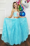 Light Blue Spaghetti Straps Long Two Piece Lace Prom Dresses For Teens