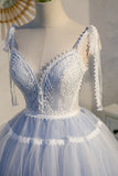Light Blue Spaghetti Straps Tulle Lace V Neck A Line Short Homecoming Dresses Rjerdress