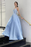Light Blue Spaghetti Straps V Neck Satin Long Formal Dresses Evening Dress