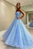 Light Blue Sweetheart A Line Strapless Lace Prom Dresses With Pleats