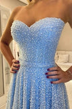 Light Blue Sweetheart A Line Strapless Lace Prom Dresses With Pleats Rjerdress