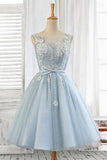 Light Blue Tulle Short Cocktail Dress Scoop Straps Homecoming Dresses with Lace up H1165