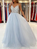 Light Blue Tulle V Neck Long Prom Dress Elegant Spaghetti Straps Dress For Teens