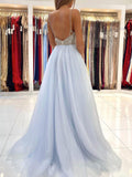 Light Blue Tulle V Neck Long Prom Dress Elegant Spaghetti Straps Dress For Teens Rjerdress