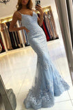 Light Blue V Neck Sleeveless Mermaid Lace Prom Dresses Sweep Train With Appliques