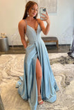 Light Blue V-neck Beading Bodice Long Polyester Prom Dresses Evening Dresses Rrjs551