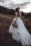 Light Pink See Through Long Sleeve Boho Wedding Dresses Lace Applique Bride Dress Rjerdress