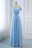 Light Sky Blue A-line Off the Shoulder Natural Waist Ruched Bridesmaid Dress Lace up Dress RJS1075