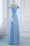 Light Sky Blue A-line Off the Shoulder Natural Waist Ruched Bridesmaid Dress Lace up Dress RJS1075 Rjerdress