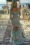 Light blue lace off-shoulder long sleeves see-through long prom dresses evening dress Rjerdress