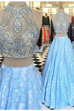 Light blue lace two pieces beading A-line prom dresses Rjerdress