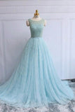 Light blue tulle beading round neck A-line prom dress Rjerdress