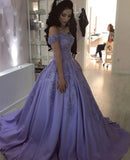 Lilac Ball Gown V Neck Off the Shoulder Lace Appliques Satin Beaded Prom Dresses uk RJS465 Rjerdress