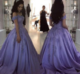 Lilac Ball Gown V Neck Off the Shoulder Lace Appliques Satin Beaded Prom Dresses uk RJS465 Rjerdress