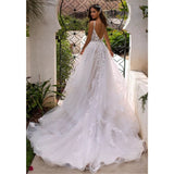 Line Tulle V Neck Spaghetti Straps Backless Wedding Dress With Appliques, Floor Length Bride Gowns Rjerdress