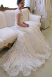 Long A-Line Round Neck Illusion White Lace Wedding Dresses Rjerdress