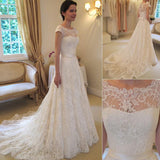 Long A-Line Round Neck Illusion White Lace Wedding Dresses Rjerdress