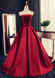 Long Burgundy Prom Dresses Ball Gowns Evening Party Gown Strapless Stain Lace-up Dress RJS715